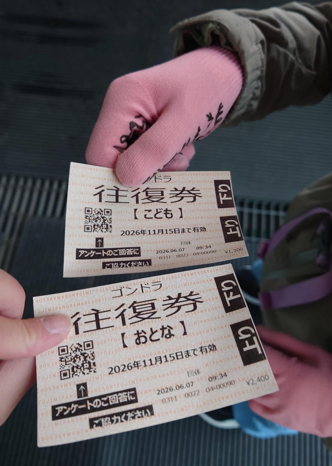 ゴンドラの往復券。「往復券 こども」「往復券 おとな」と印字され、2026.06.07の日付が入っている