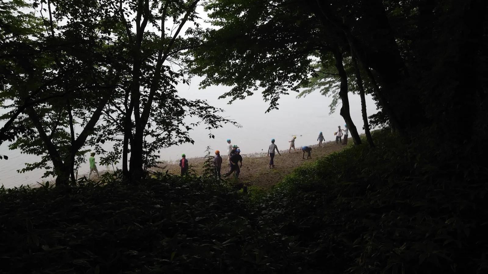 木立の向こう、湖岸の砂利の上を参加者たちが歩いている。木の葉が手前に大きく写り込み、逆光で人影がシルエットになっている